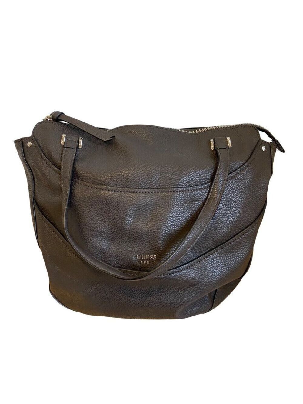 Guess Dark Brown Pebbled vegan Leather Large Tote Shoulder Bag With Dual Straps